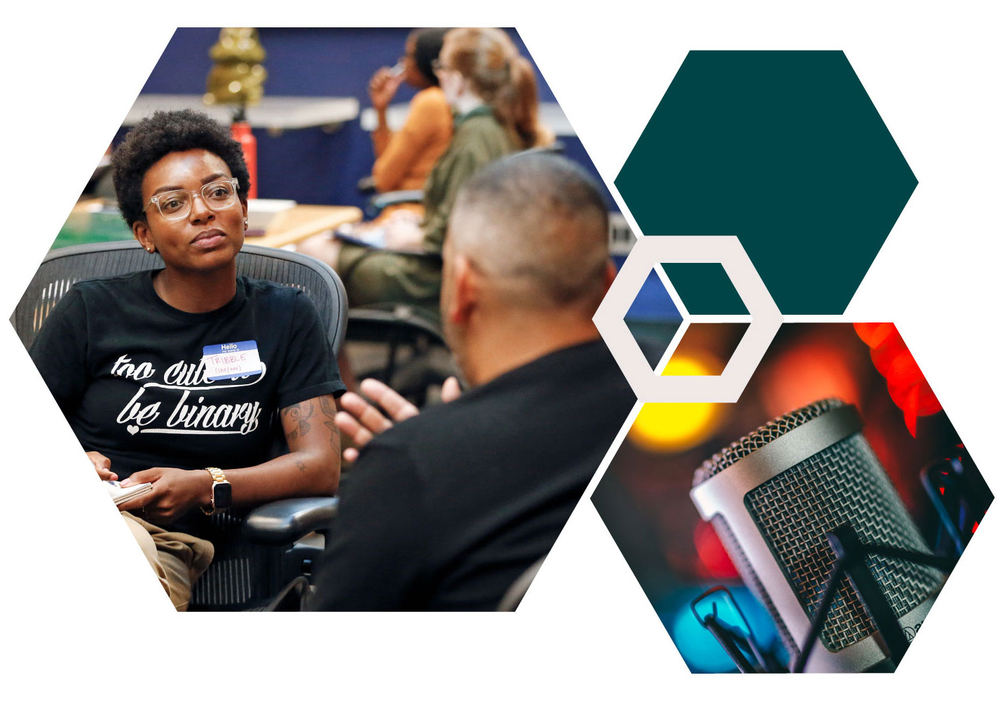 Hexagon collage with a person in a black t-shirt talking to another person; a close-up of a microphone with colorful lights.